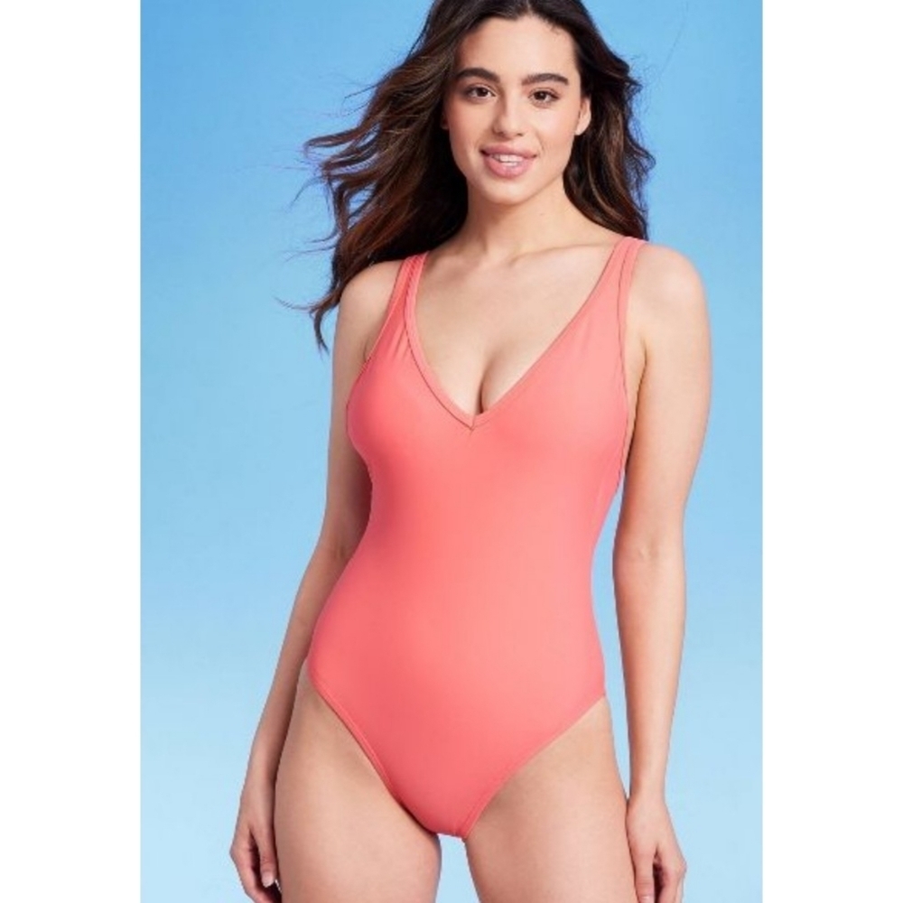 Kona Sol Deep V High Leg One piece Swimsuit Peach Size S
